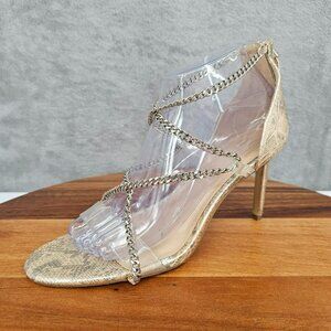 JLO Jennifer Lopez Debbye Stiletto Heel Sandals 8.5 M Metallic Snake Print Chain